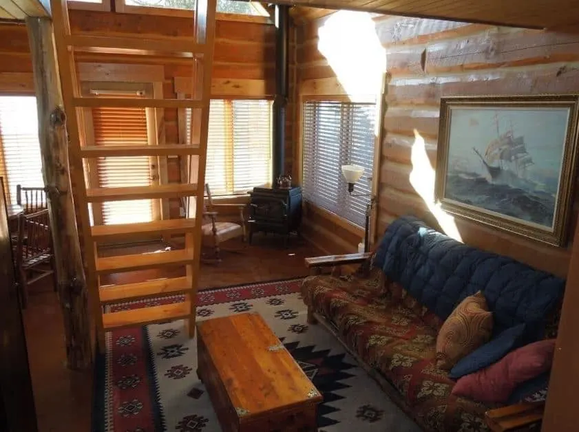 living room with sofa at the Log cabin on the South Shore, Lake Superior, Wisconsin