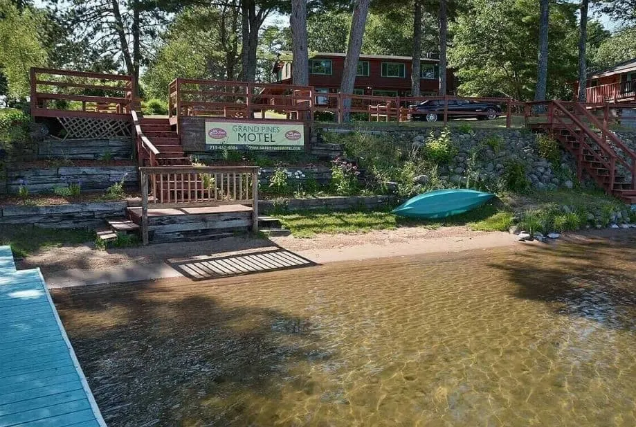view from the lake of the Grand Pines Motel, Northwest Wisconsin resorts