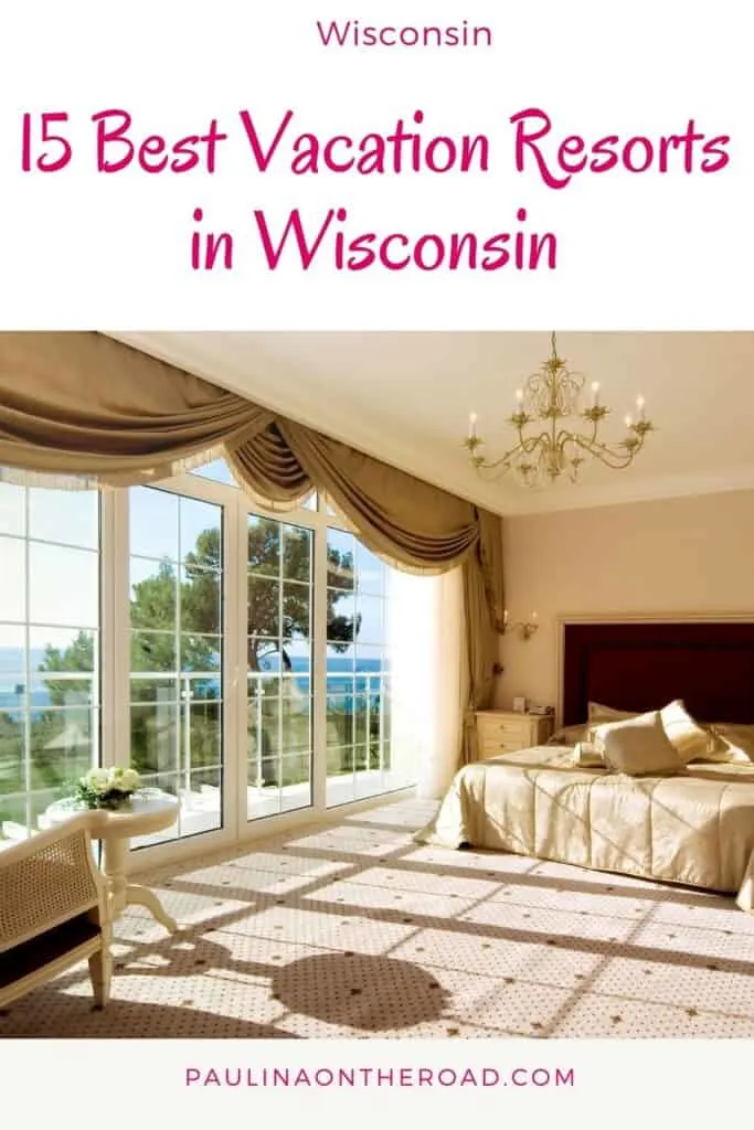 a pin with a bedroom with large windows at one of the best vacation resorts in Wisconsin.