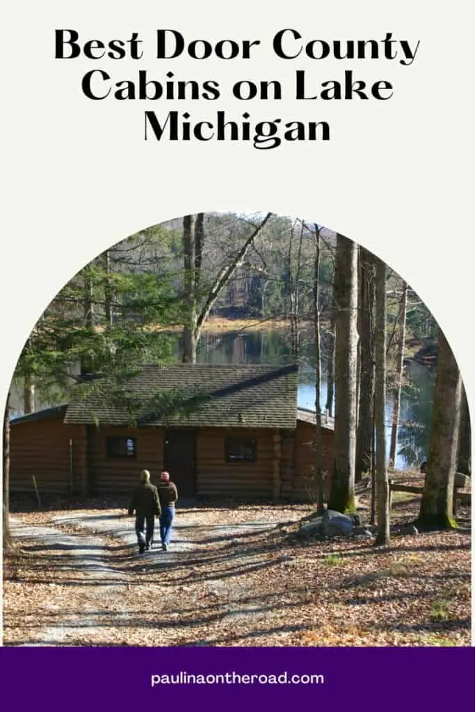 a pin with a couple walking around one of the best door county cabins on lake michigan