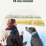 a pin with a girl and her dog by the lake at one of the best pet-friendly lake cabins in Wisconsin.