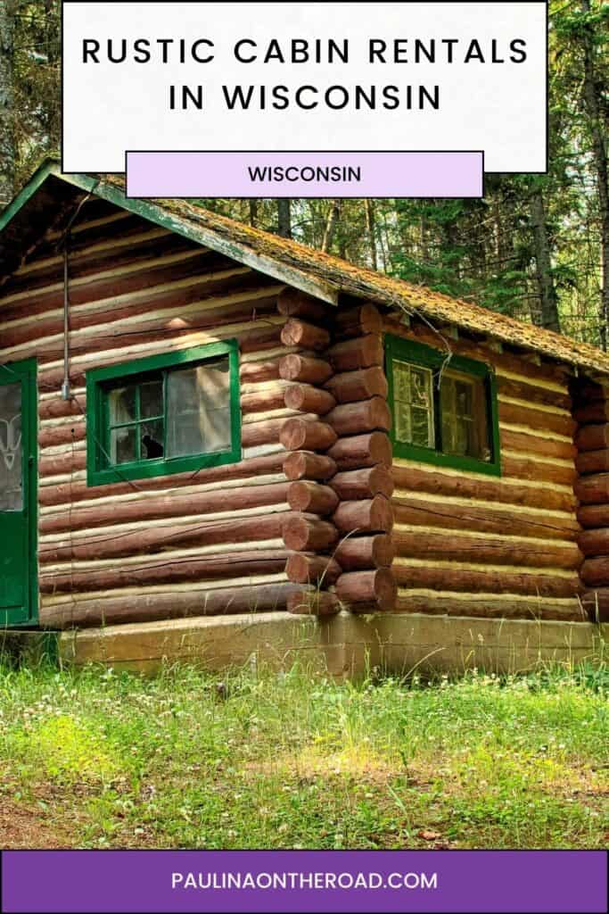 a pin with a log house in the woods, one of the best rustic cabin rentals in Wisconsin. 