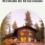 a pin with a log cabin in the woods, rustic cabin rentals in Wisconsin.