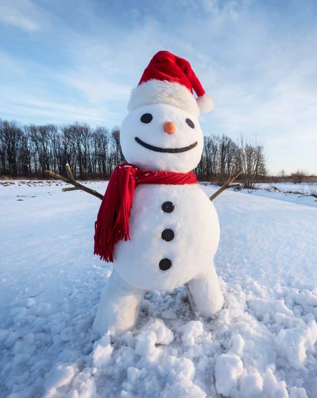 winter festivals in Wisconsin, Happy smiling snowman with red cap and red scarf standing in a snow-covered field with a row of thin bare trees behind under a bright blue sky with wispy clouds