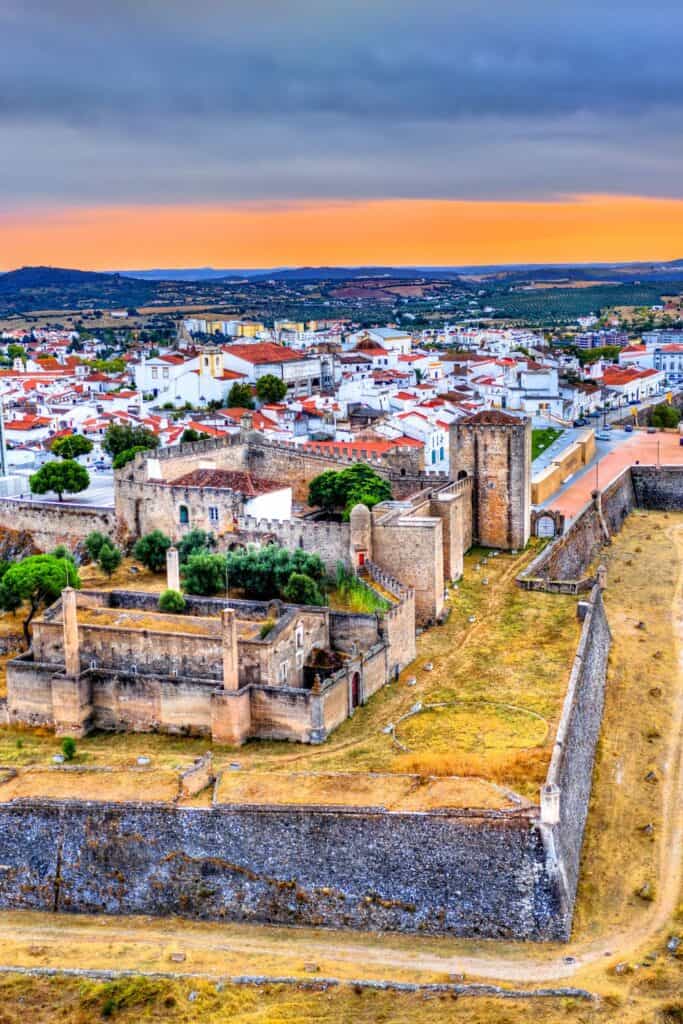 view on elvas fortification in portugal at sunset, portugal in november