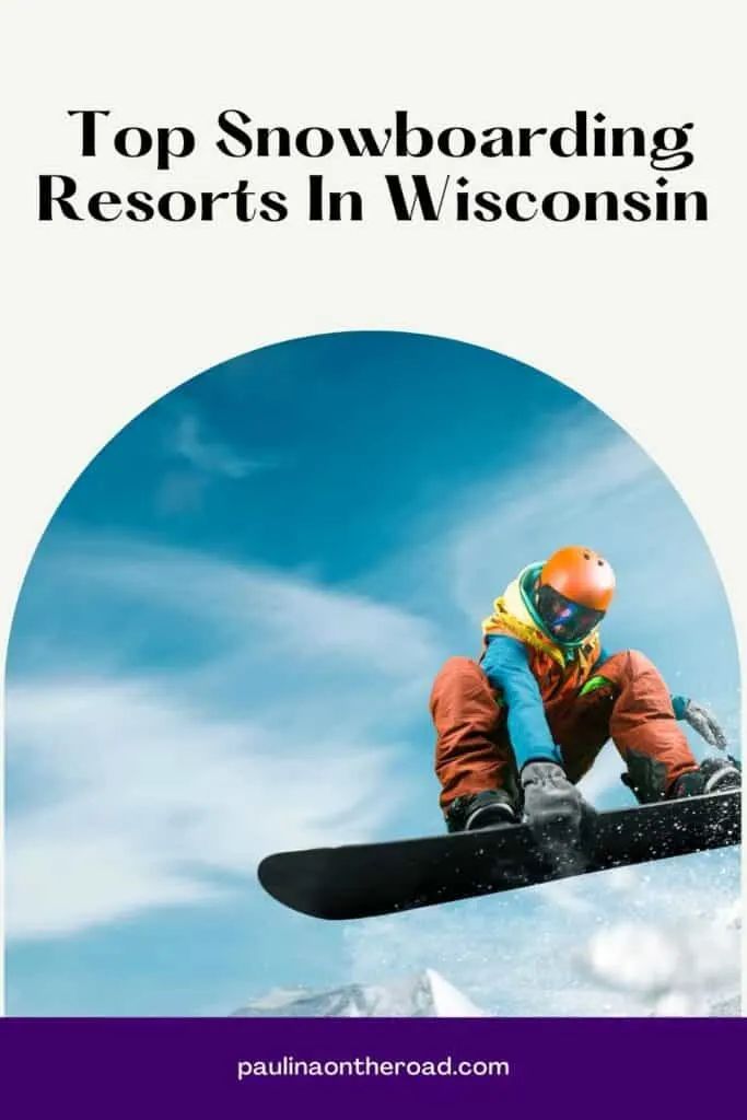 a pin with a man jumping with its snowboard at one of the Best Snowboarding Resorts in Wisconsin