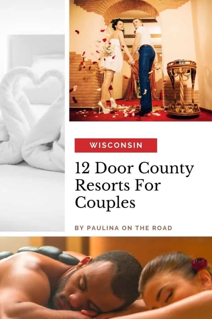 a pin with 4 photos related to Door County resorts for couples. 