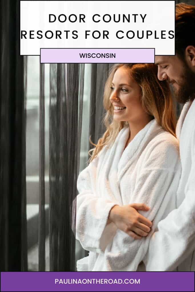 a pin with a couple by the window at one of the best Door County resorts for couples. 