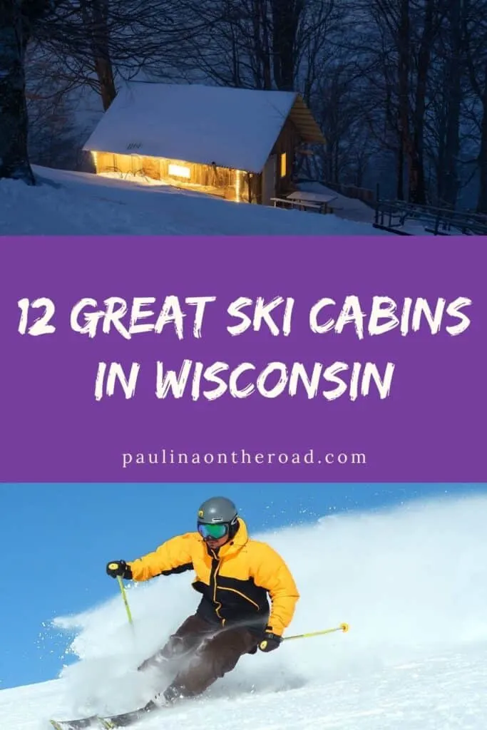 a pin with 2 photos related to ski cabins in Wisconsin.