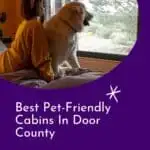 a pin with girl and her dog watching outside at one of the best pet-friendly cabins in Door County, Wi