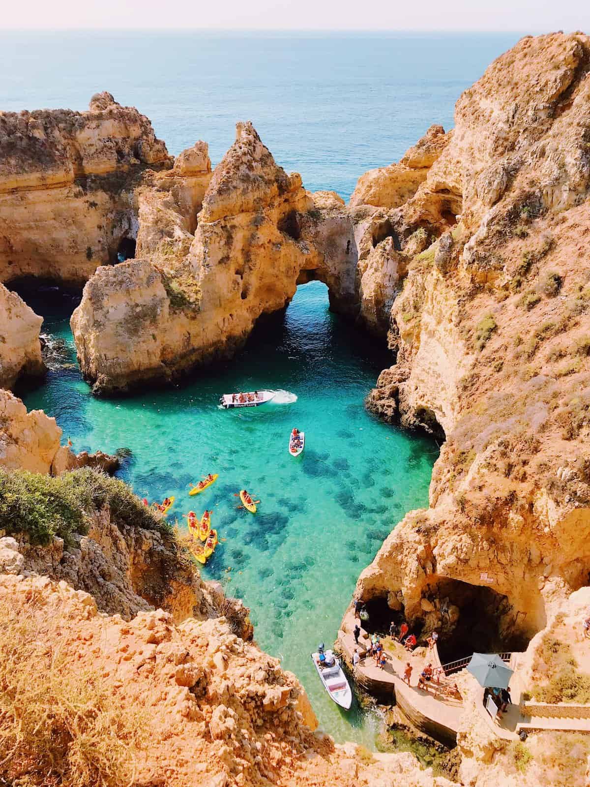 a view on the cave beach in algarve, portugal. where to stay in algarve for couples