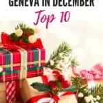 Pin with image of Christmas presents arranged in a pile and all wrapped in colorful patterned paper and ribbons and sprinkled with holly sprigs, caption reads: Things to Do in Lake Geneva in December Top 10 from paulinaontheroad.com