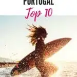 Pin with image of surfer holding surf board running into the water with large splashes reflecting the bright low sun, caption reads: Things to do in Sagres, Portugal, Top 10 from paulinaontheroad.com