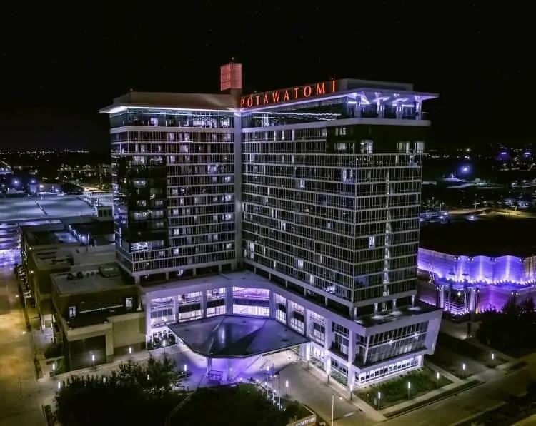 aerial view at night of the Potawatomi Casino Hotel in Milwaukee, Wisconsin