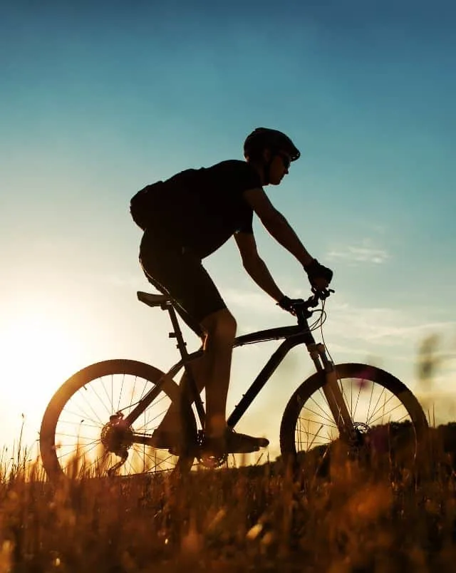 What to do in Algarve in December, Person in bicycle in cycling shorts and sunglasses and helmet seen in silhouette in a field of tall grass at sunset