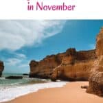 pin with impressions from albufeira in november on the beach in algarve, portugal