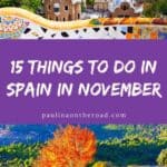 a pin about the best things to do in spain in november with 2 images with barcelona and tree in fall foliage