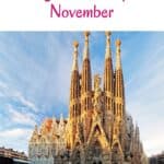 pin with a view on sagrada familia cathedral in barcelona, spain in november