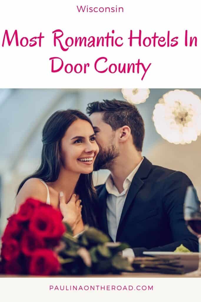 a pin with a man giving the woman flowers and being happy at one of the most romantic hotels in Door County