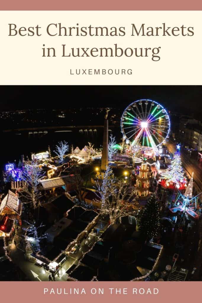 Best Christmas Market in Luxembourg City drone shot with Christmas lights and a lighted ferris wheel