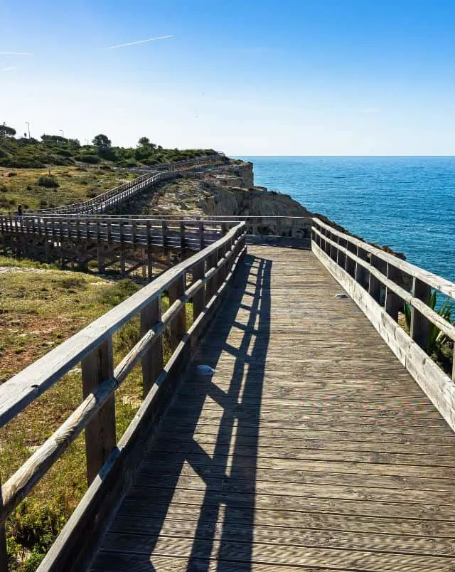 Best Carvoeiro things to do, Wooden walkway running along the coast with green grass and trees on one side and wide open blue sea on the other all under a clear bright blue sky
