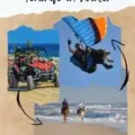two person paragliding, an empty red buggy, and two persons riding a horse on a beach