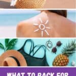 a beach bag with a towel and sunscreen, a lady's back with a sun drawing from a sunscreen, a black swimsuite, beach hat, sun glasses and pineaapple