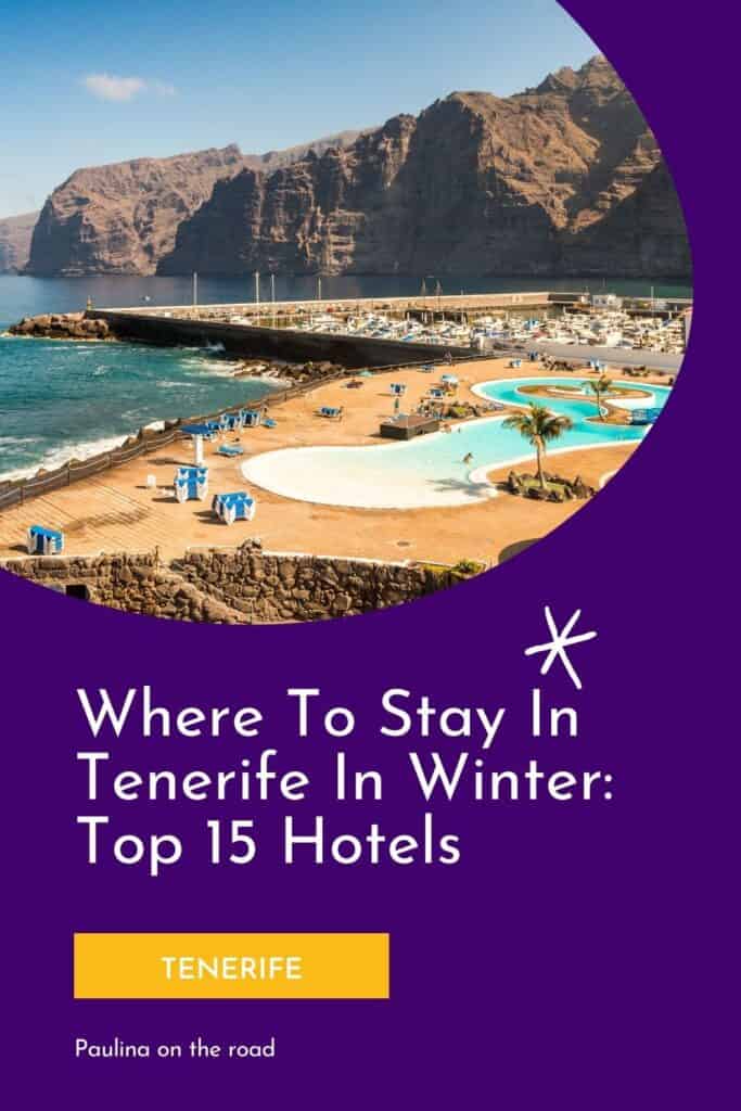 a pin with a beach hotel with pools and mountain view, where to stay in Tenerife in winter