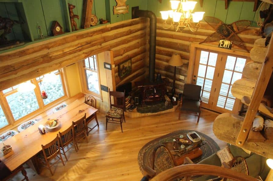 living room seen from the first floor at the Riverdance Cabin in Amherst, Wisconsin