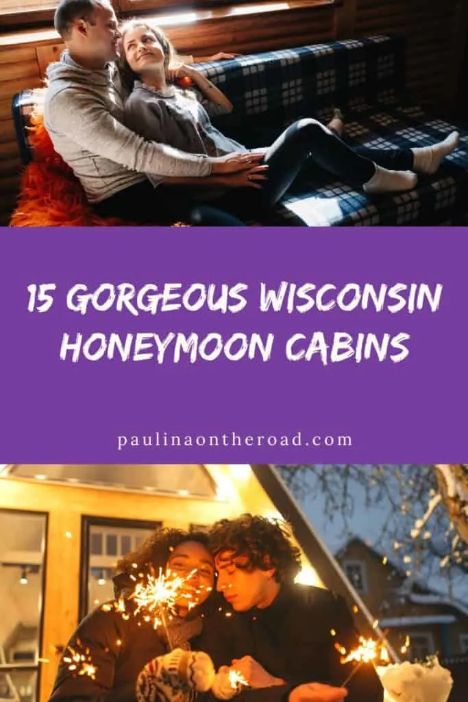 a pin with 2 photos related to honeymoon cabins in Wisconsin.