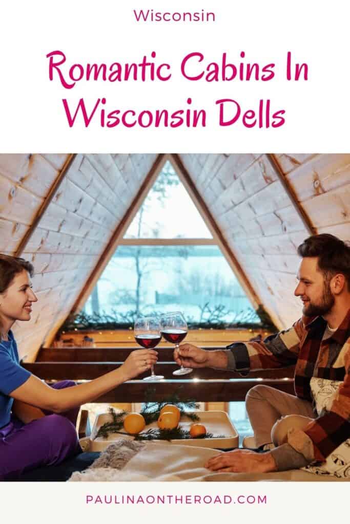 a pin with a couples having a toast at one of the most romantic cabins in Wisconsin Dells