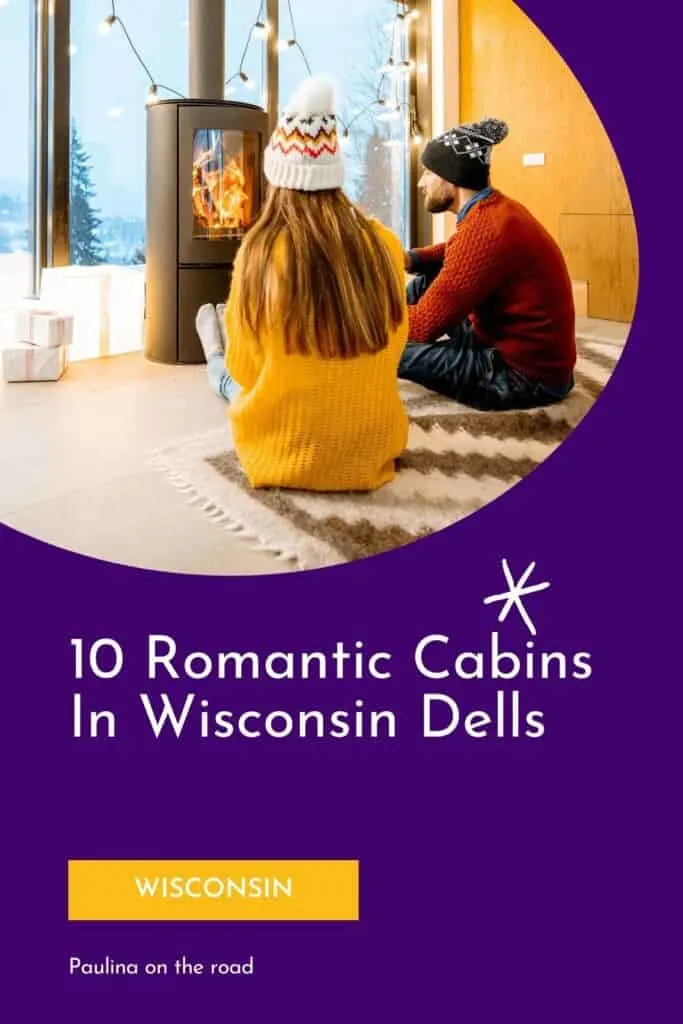 a pin with a couples sitting in front of a fireplace at one of the most romantic cabins in Wisconsin Dells