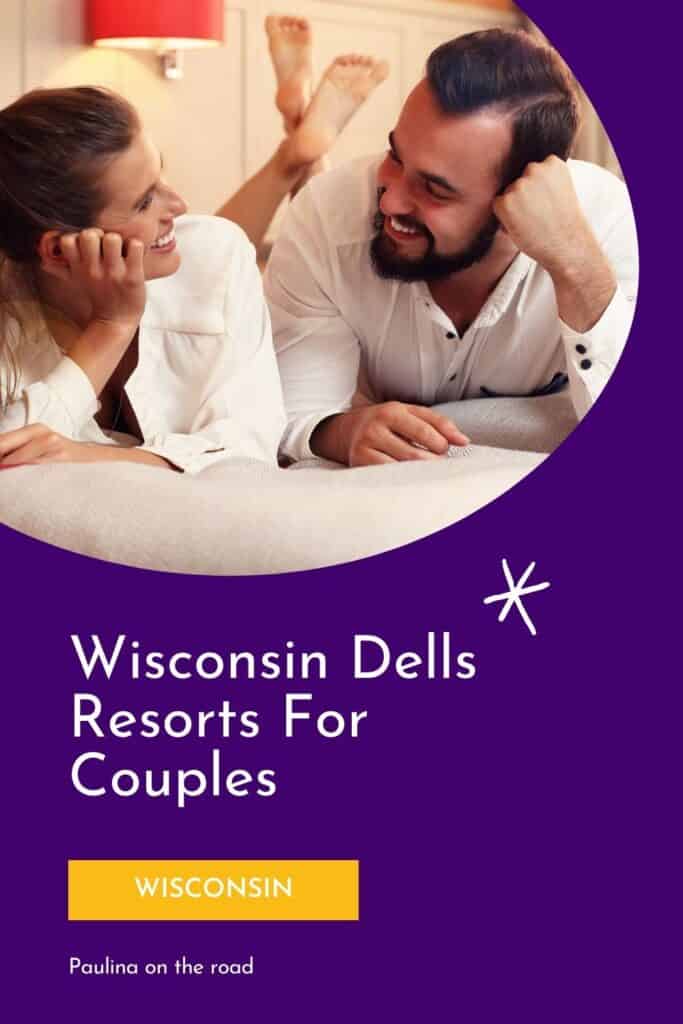 a pin with a couples smiling to each other on a bed at one of the best Wisconsin Dells Resorts For Couples.