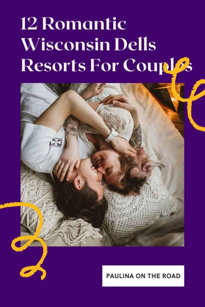a pin with a couples in bed at one of the best Wisconsin Dells Resorts For Couples.
