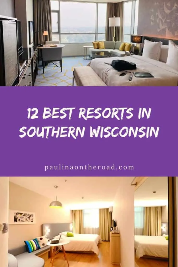 a pin with 2 photos with hotel rooms at one of the best resorts in Southern Wisconsin