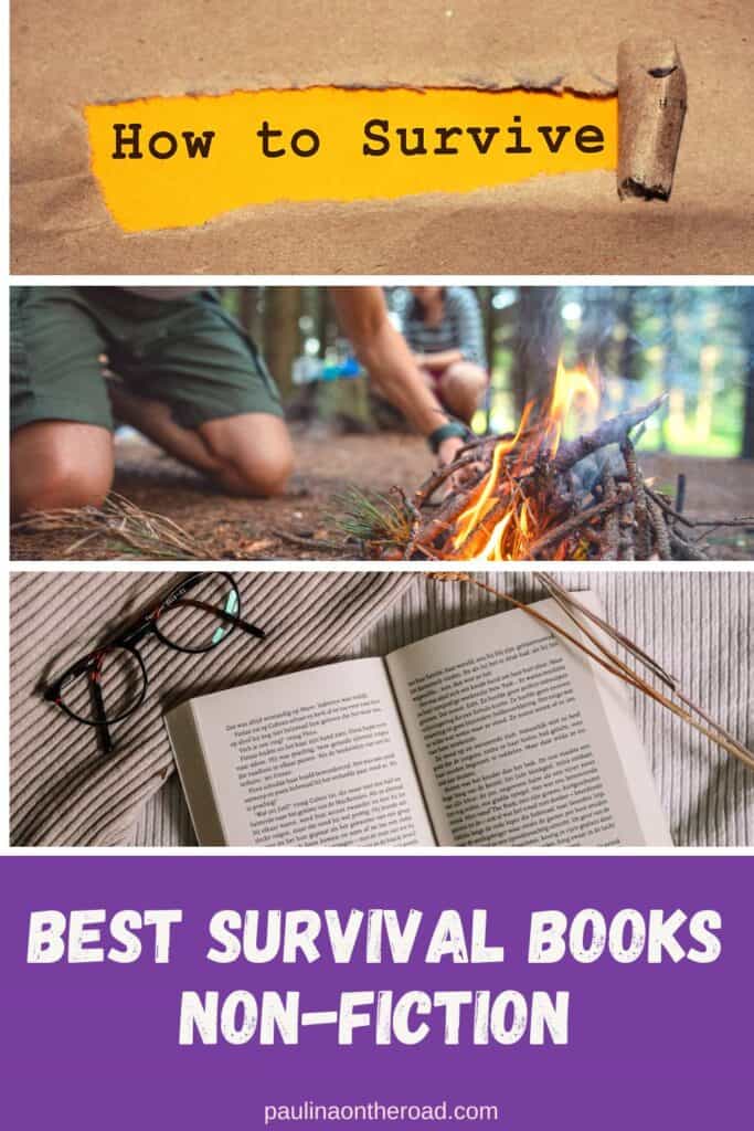 a pin with 3 photos related to the best survival books non-fiction.