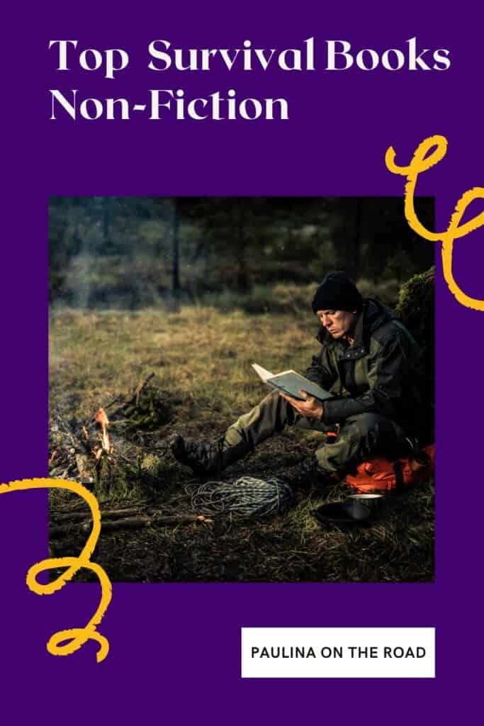 a pin with a man reading one of the best survival books non-fiction in the woods by the fire. 