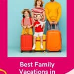Pin with image of a family of four all standing together in brightly colored clothes and holiday hats whilst holding their matching travel suitcases, caption reads: Best Family Vacations in Wisconsin from paulinaontheroad.com