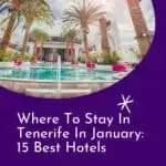 a pin with pool with sun lounges and palm trees, Where To Stay In Tenerife In January