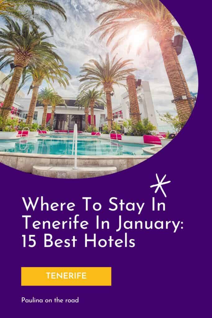a pin with pool with sun lounges and palm trees, Where To Stay In Tenerife In January