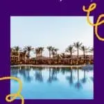 a pin with a pool area with palm trees and sea view in Tenerife, Where to stay in Tenerife in January