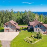aerial view of the Timber Frame House overlooking Lake Superior in South Range, Wisconsin