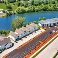 aerial view of the Watershed Hotel in Sheboygan, Wisconsin with riverfront location. where to stay in Sheboygan