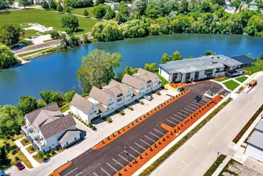 aerial view of the Watershed Hotel in Sheboygan, Wisconsin with riverfront location
