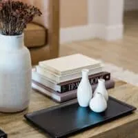 Black-And-White Coffee Table Books on a table with a vase next to it
