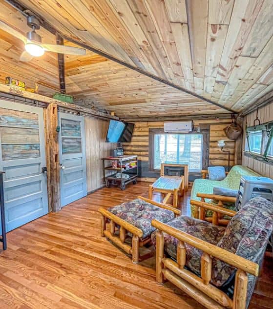 living room area with TV and sofas at Private and Quiet cabin with backyard BBQ in Wisconsin Dells