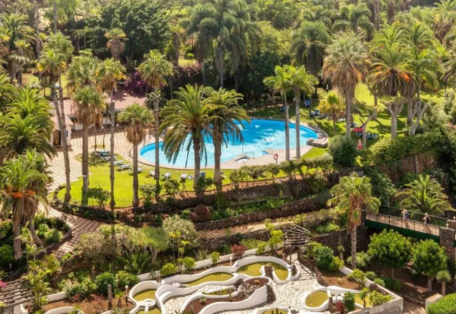 pool area surrounded by tall palm trees at Precise Resort Tenerife