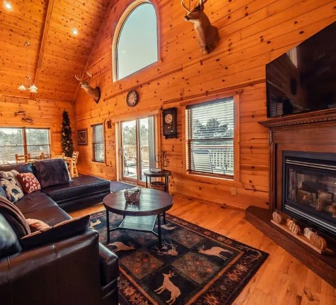 sofa and fire place in a wooden living room at the Very Secluded Beautiful Cabin in Ferryville, Wisconsin