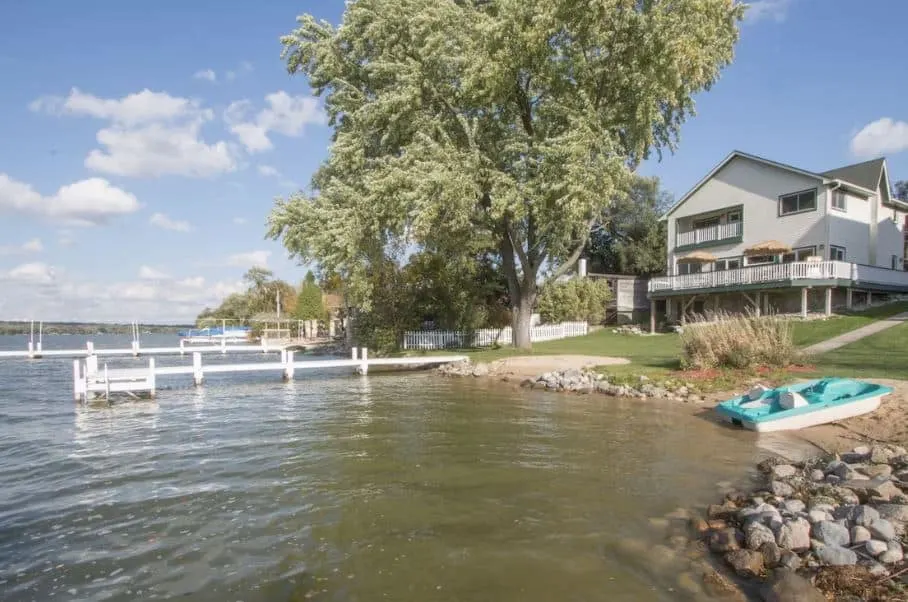 view from the water of the Private Beach & Pier Lake Front Cabin on Lake Como in Lake Geneva, Wisconsin