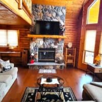 wooden living room with fire place and sofa at the the best airbnb near Wisconsin Dells